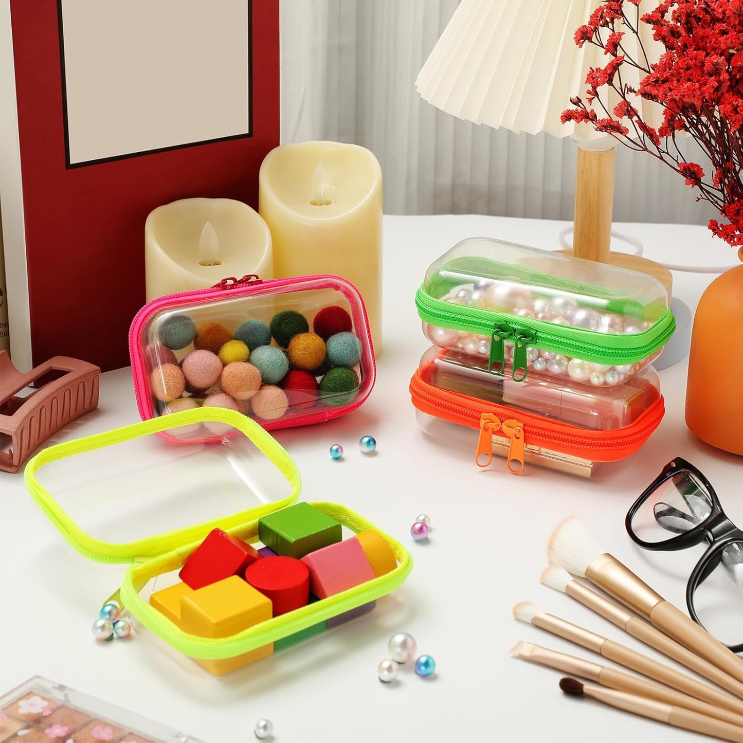 Hoolerry 4 Pcs Hard Clear Zipper Case Makeup Bags Plastic Pencil Pouch Transparent Storage Box Containers for Cosmetics, Snacks, Building Blocks, Puzzles(Fluorescent,5 x 3 x 2 in)
