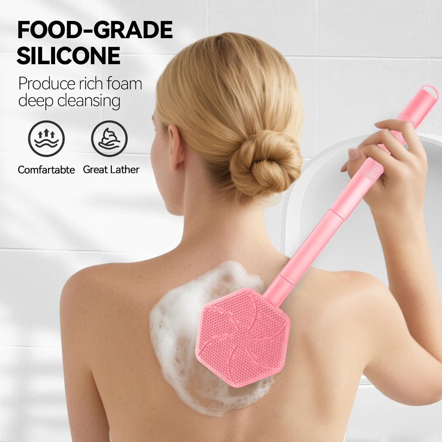 21 Inches Silicone Back Scrubber for Shower - Extendable Shower Brush Long Handle with Stiff and Soft Bristles -Loofah Alternative- Body Exfoliator for Bath or Dry Brush,Men & Woman (Pink)