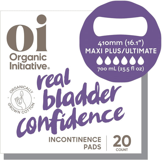 Oi | Organic Initiative Incontinence Pads, Organic Cotton Topsheet, Highly Absorbent up to 23.5 floz, Odor Control, Breathable and Hypoallergenic, Ultimate (Length 16.1") 20 Pads