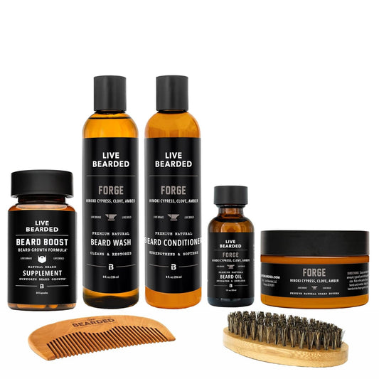 Live Bearded Total Beardsman Kit - Complete Beard Growth Kit for Men - Beard Oil, Butter, Wash, Conditioner, Vitamins, Comb, Brush | Forge - Hinoki Cypress, Clove, Amber