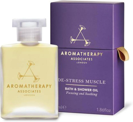 Aromatherapy Associates De-Stress Muscle Bath and Shower Oil, Natural Body Oil for Deep Relaxation and Comfort, Hydrating Body Made with 3 Essential Oils (1.86 oz)