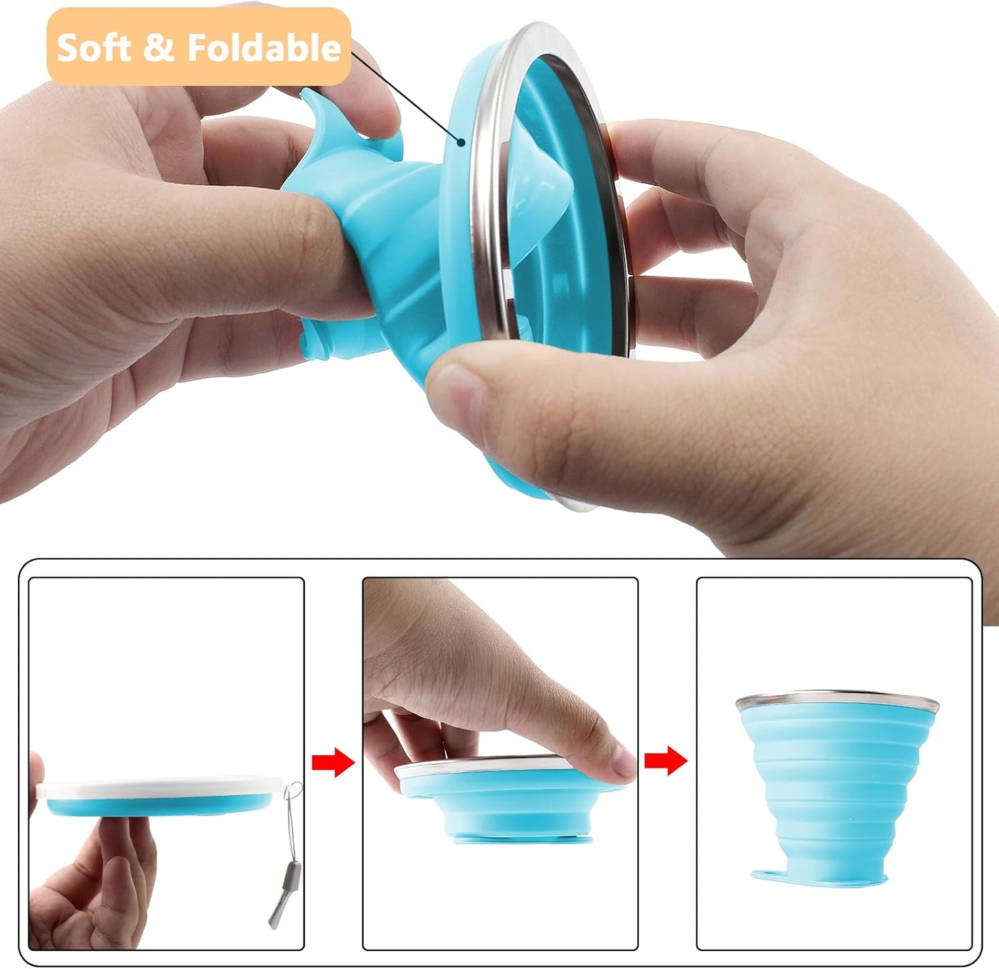 Litoexpe 4 Pack Silicone Collapsible Travel Cup Portable Folding Camping Cup Sets with Lids, Yellow & Orange & Blue & Green, Capacity 9.22oz (270ml)