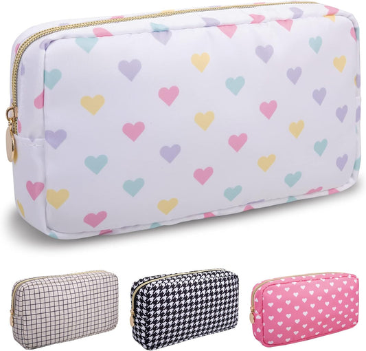 Nylon Small Makeup Bag for Purse, Cute Makeup Bag Preppy Cosmetic Zipper Pouch Purse, Waterproof Portable Travel Toiletry Bag Clutch Makeup Brush Bag Organizer Storage for Women Men Girl(White-Heart)