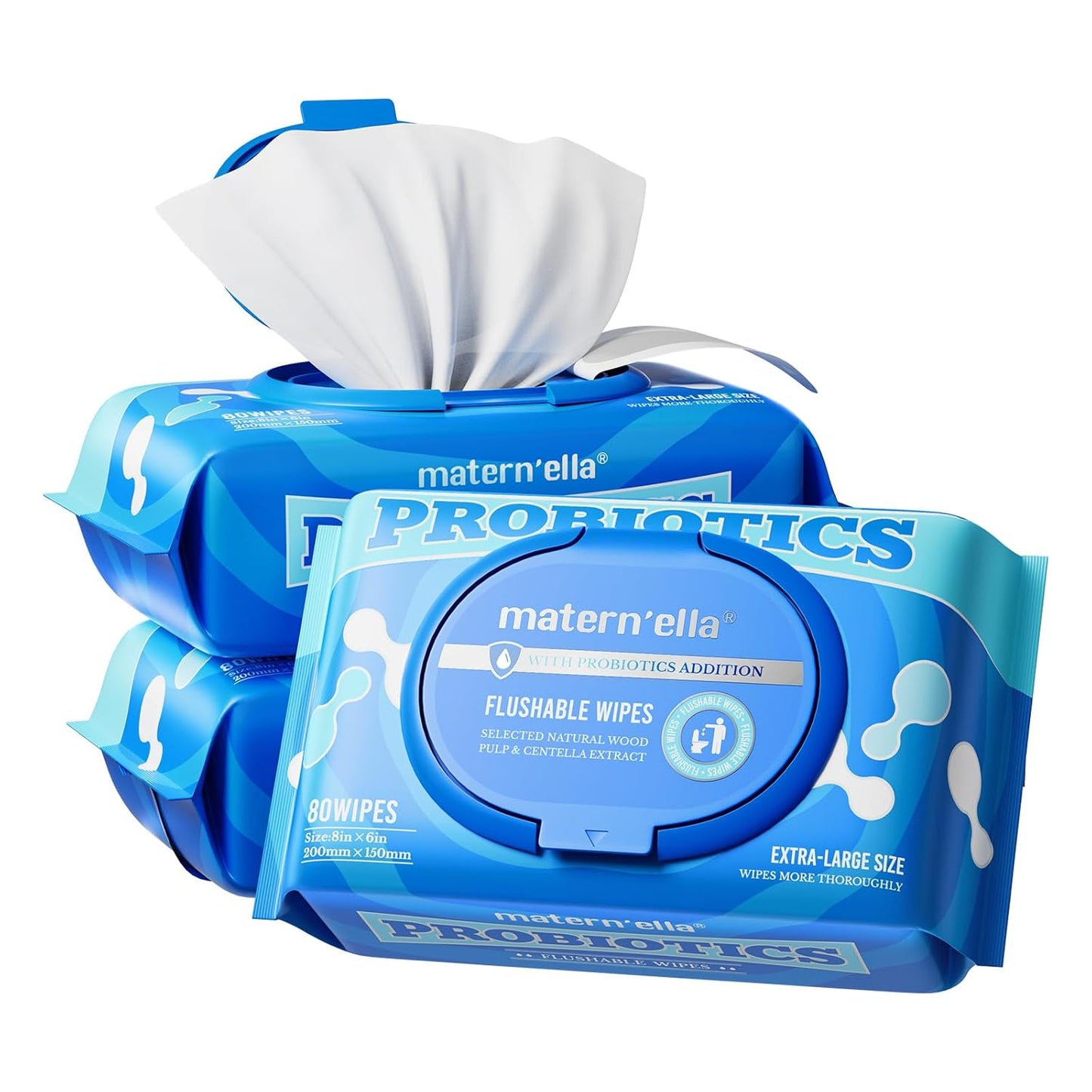 matern'ella Flushable Wipes Extra Large Corner-Connected Wet Wipes Plant Based Fibers With Probiotics Fragrance Free Sewer Safe Butt Wipe Adult 3 Packs of 80