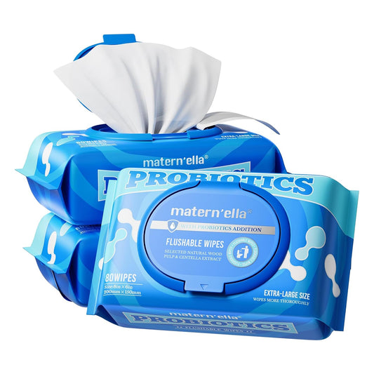 matern'ella Flushable Wipes Extra Large Corner-Connected Wet Wipes Plant Based Fibers With Probiotics Fragrance Free Sewer Safe Butt Wipe Adult 3 Packs of 80