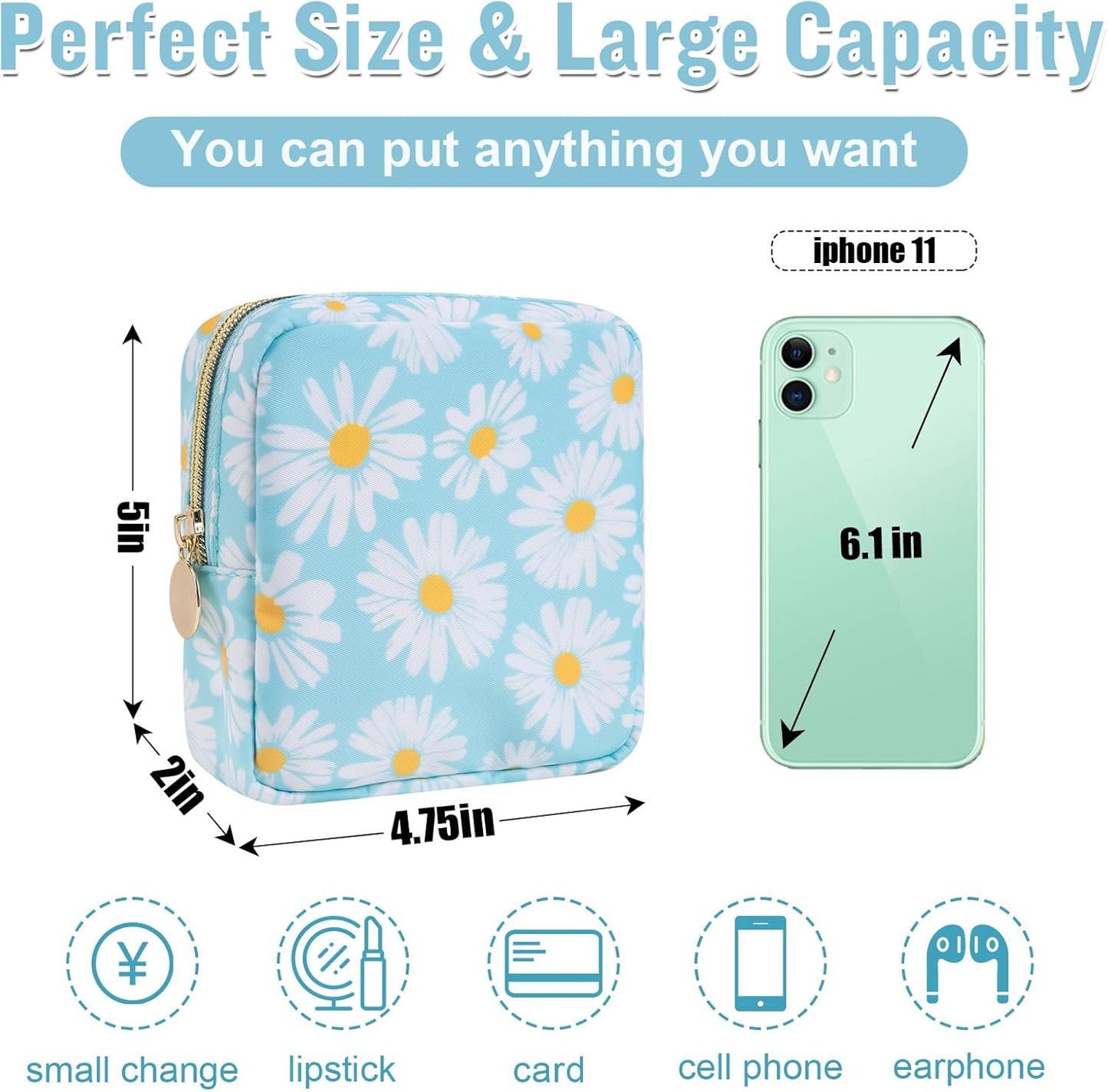 Nylon Mini Floral Makeup Bag for Purse, Small Cute Travel Makeup Bag Preppy Flower Cosmetic Zipper Pouch, Waterproof Coin Pouch Sanitary Napkin Storage Bag Make Up Organizer Set for Women(Blue-Daisy)
