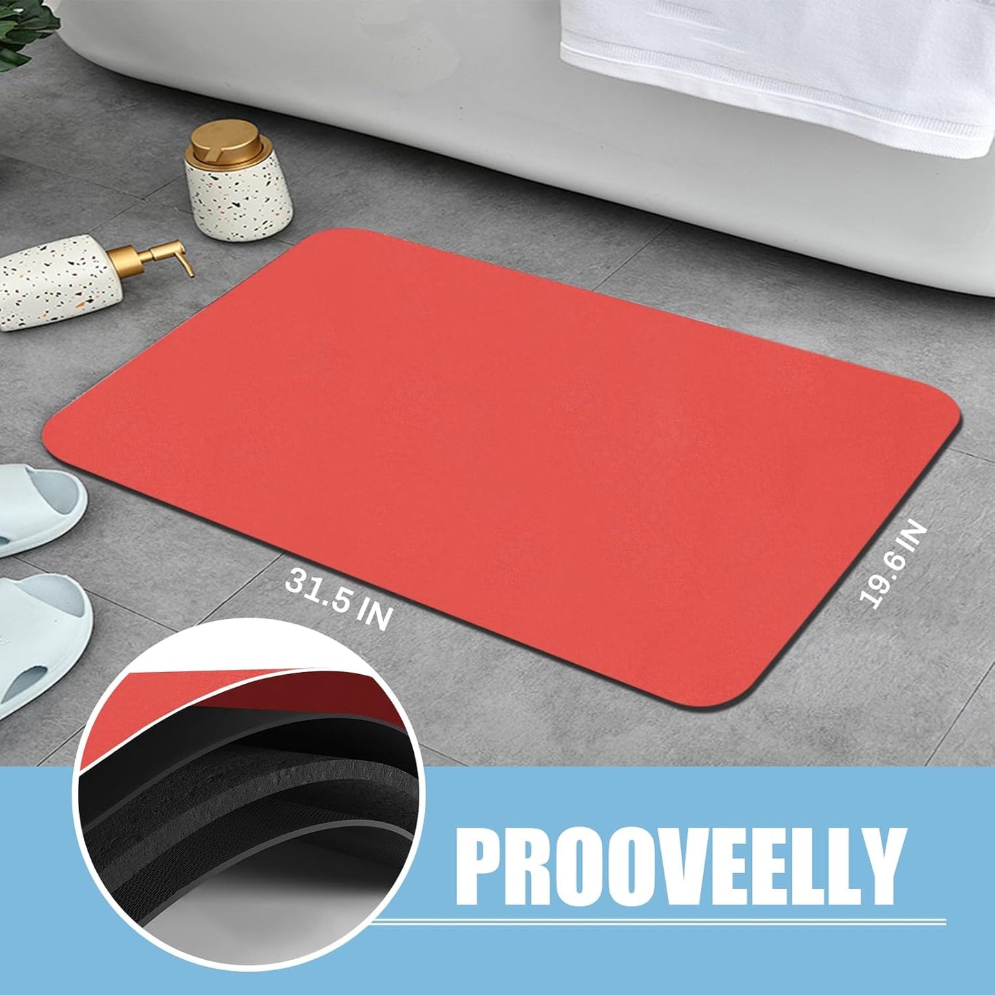Diatomaceous Earth Bath mat Bathroom Rugs Super Absorbent Quick Dry Non Slip Bath Mat Thin Bathroom Floor Mats Fit Under Door-Shower Rug for in Front of Bathtub Shower, Red, 15.7"x35.4"