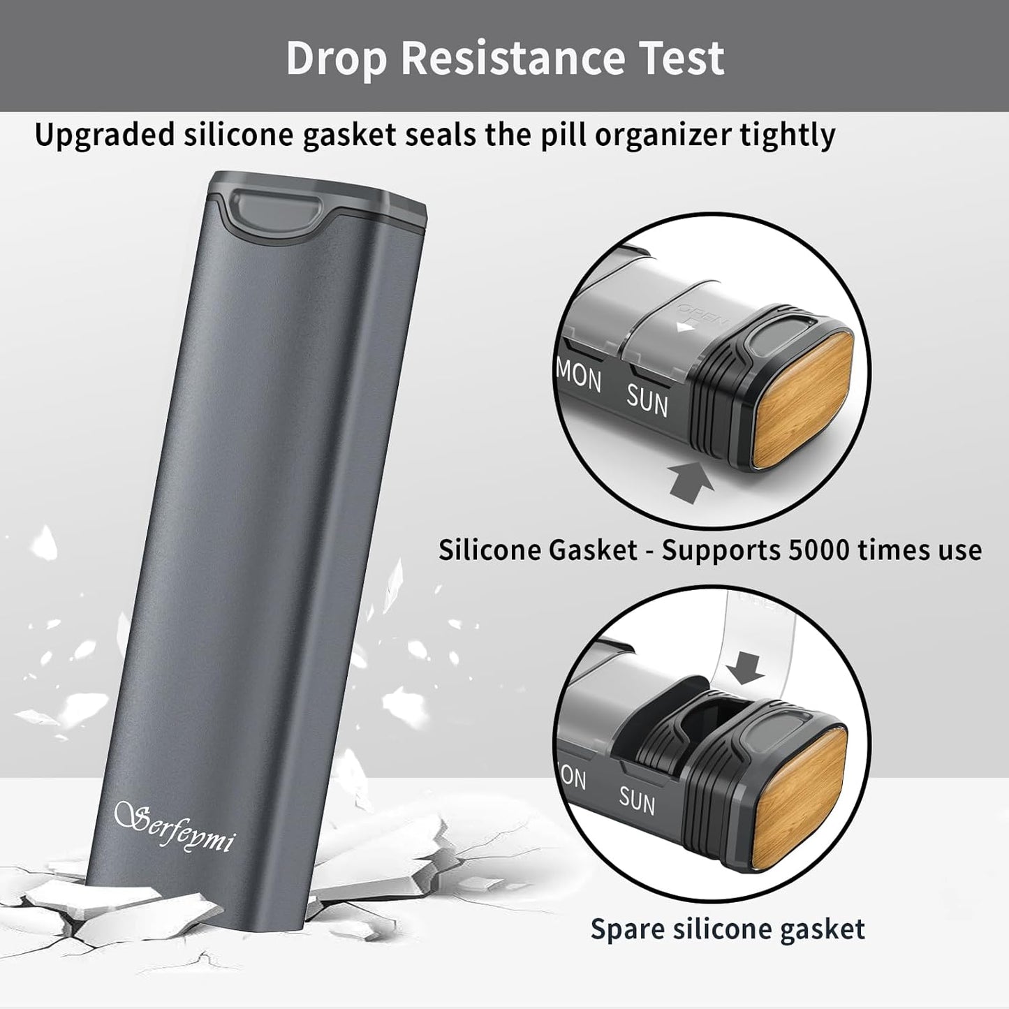 Metal Weekly Pill Organizer, Serfeymi Aluminum Daily Pill Box(Spare Gasket Provided),7 Day Pill Case Travel Medicine Organizer,Pill Containers with Individual Lid for Vitamins,Pills, Supplement-Gray