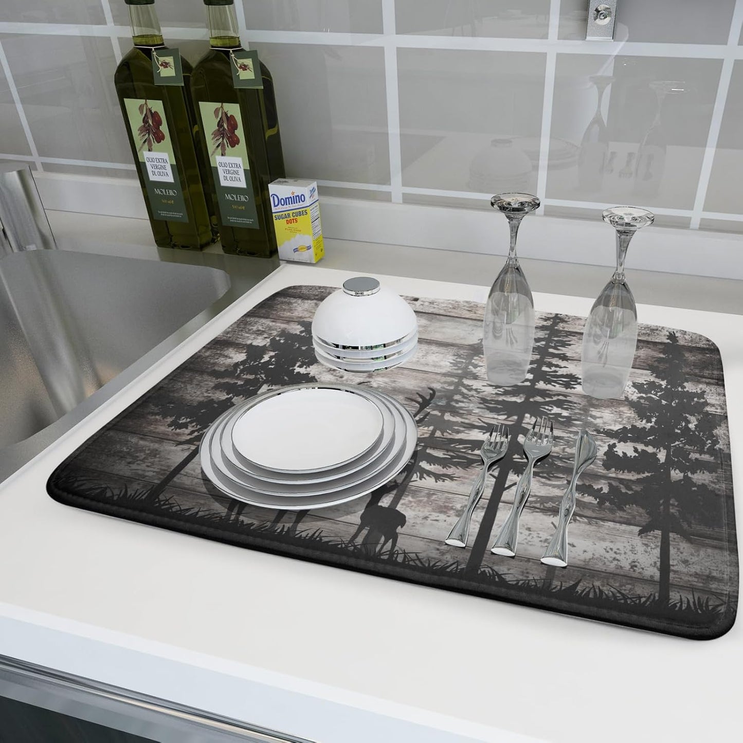 Forest Deer Dish Drying Mat Wildlife Animal Decorative Microfiber Dishes Pad 18x24 Inch Absorbent Reversible Kitchen Counter Drainer Mats