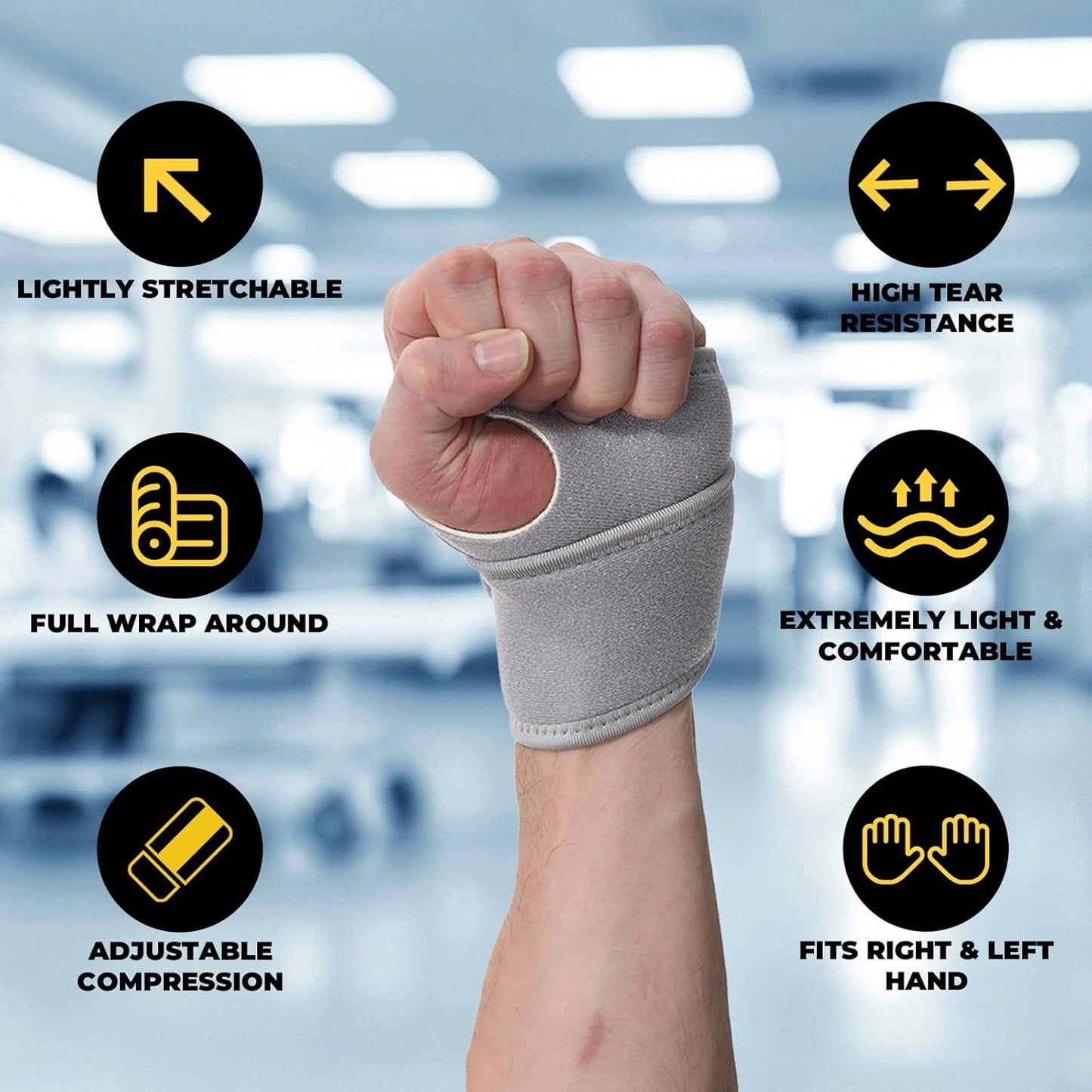 NeoTech Care Wrist Band - Elastic & Breathable Fabric - Adjustable Compression Strap - Men, Women, Right or Left - Support Wrap for Protection or Sports (Gray Color, Size L, 1 Unit)