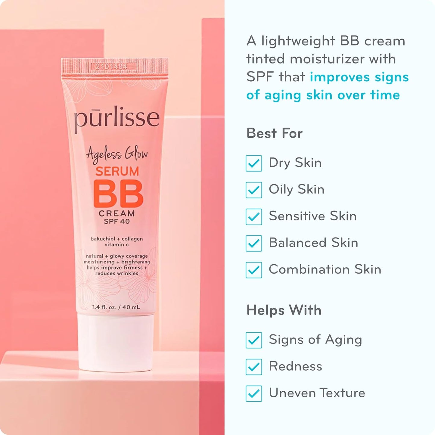 pūrlisse Ageless Glow Serum BB Cream SPF 40 - Glow BB Cream with SPF Enriched with Bakuchiol & Vitamin C to Help Improve Firmness & Reduce Wrinkles for Dewy Skin - Tan Deep (1.4 oz)
