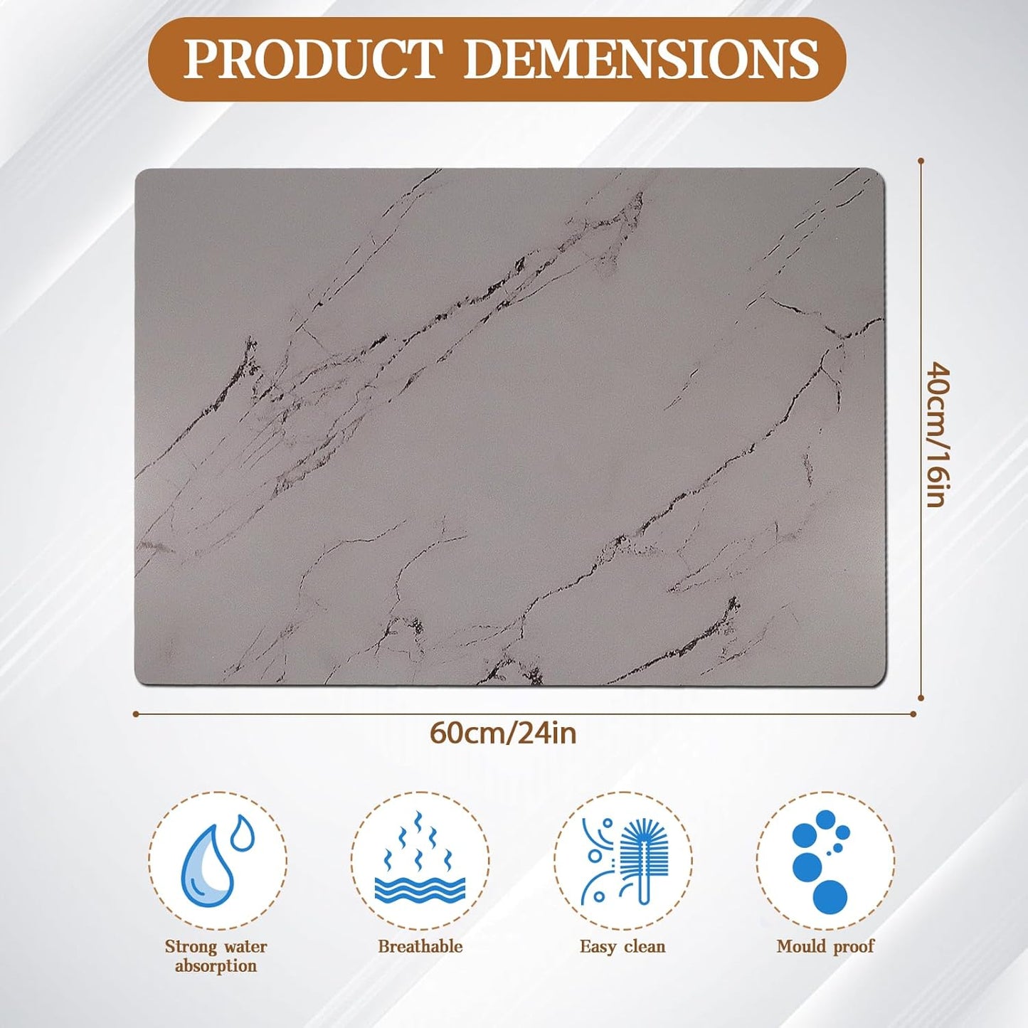 Dish Drying Mats for Kitchen Counter, 24"x16" Absorbent Coffee Bar Mat, Quick Dry Dish Rack Pad with Rubber Backed Non-Slip Marble Pattern Kitchen Counter Dish Draining Mat Easy to Clean (Gray)