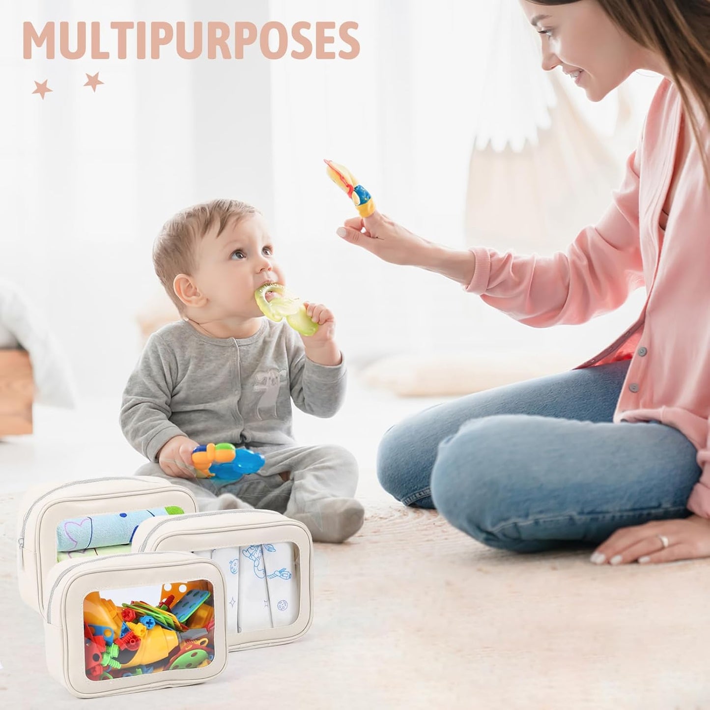 3PCS Clear Toiletry Bag,TSA Approved Travel Makeup Pouch with Zipper for Cosmetics and Toiletries，Diaper Bag Organizer Pouch Set,Women's Purse Organizer and Clear Car Bag