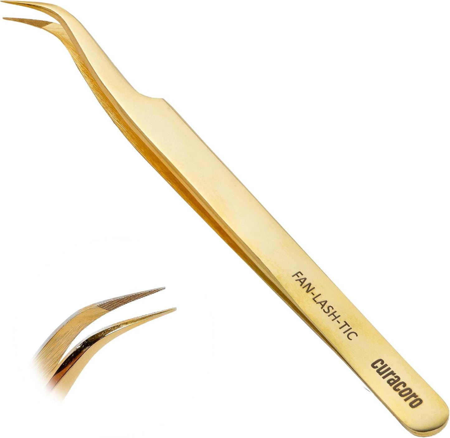 Curacoro Lash Tweezer - Professional & Precision Fiber Tip Grip Lash Tweezers for Eyelash Extensions, Multi Shapes & Purposes Tweezers for Volume, Isolation & Classic Lashes (Gold, Fan-lash-tic)