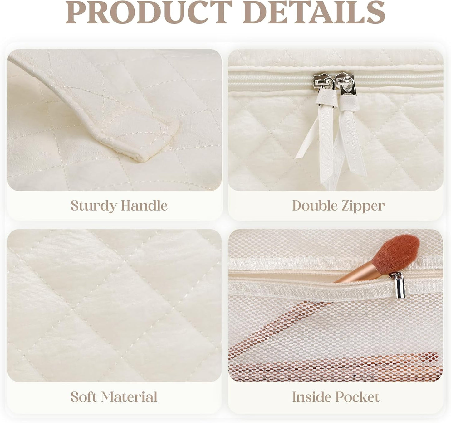 Prite Cotton Makeup Bag Quilted Makeup Bag Large Floral Cosmetic Bag for Women Cute Travel Toiletry Bag with Handle(Beige)