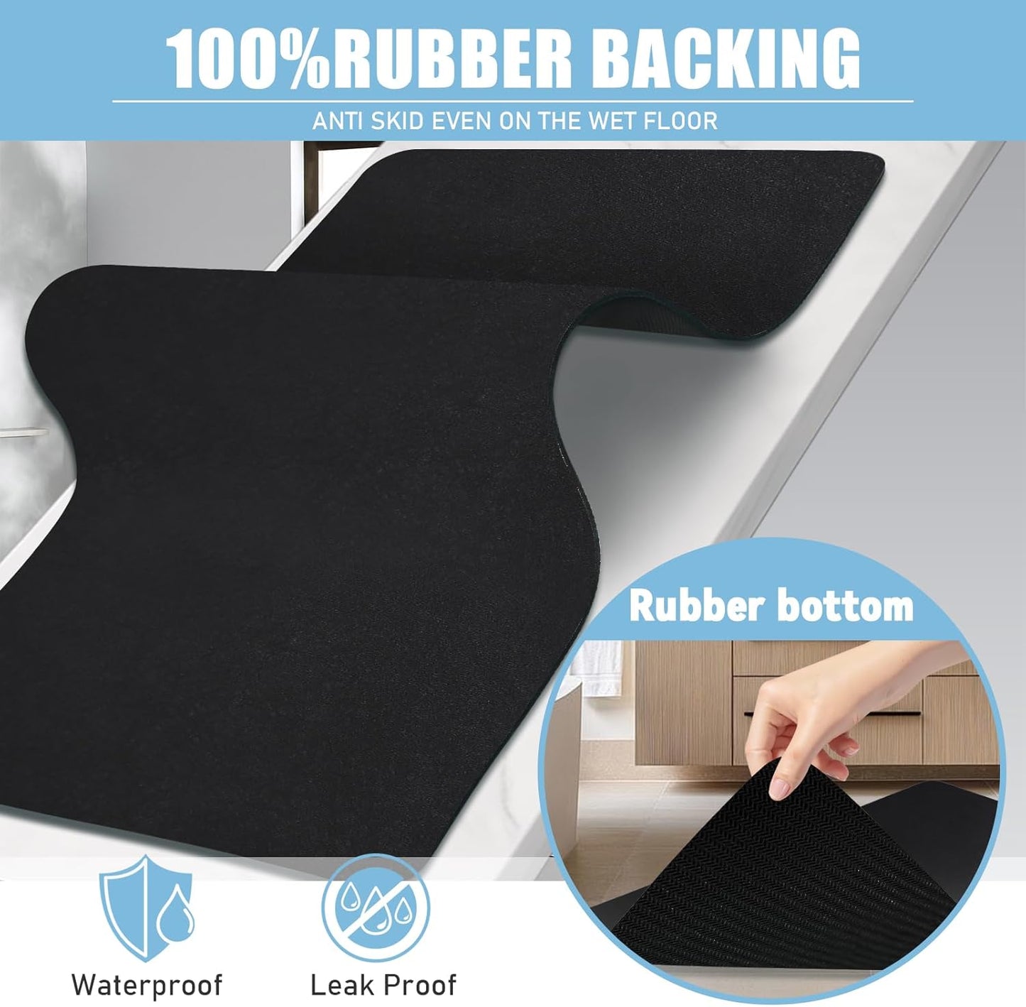 Diatomaceous Earth Bath mat Bathroom Rugs Super Absorbent Quick Dry Non Slip Bath Mat Thin Bathroom Floor Mats Fit Under Door-Shower Rug for in Front of Bathtub Shower, Black, 23.6"x47.2"