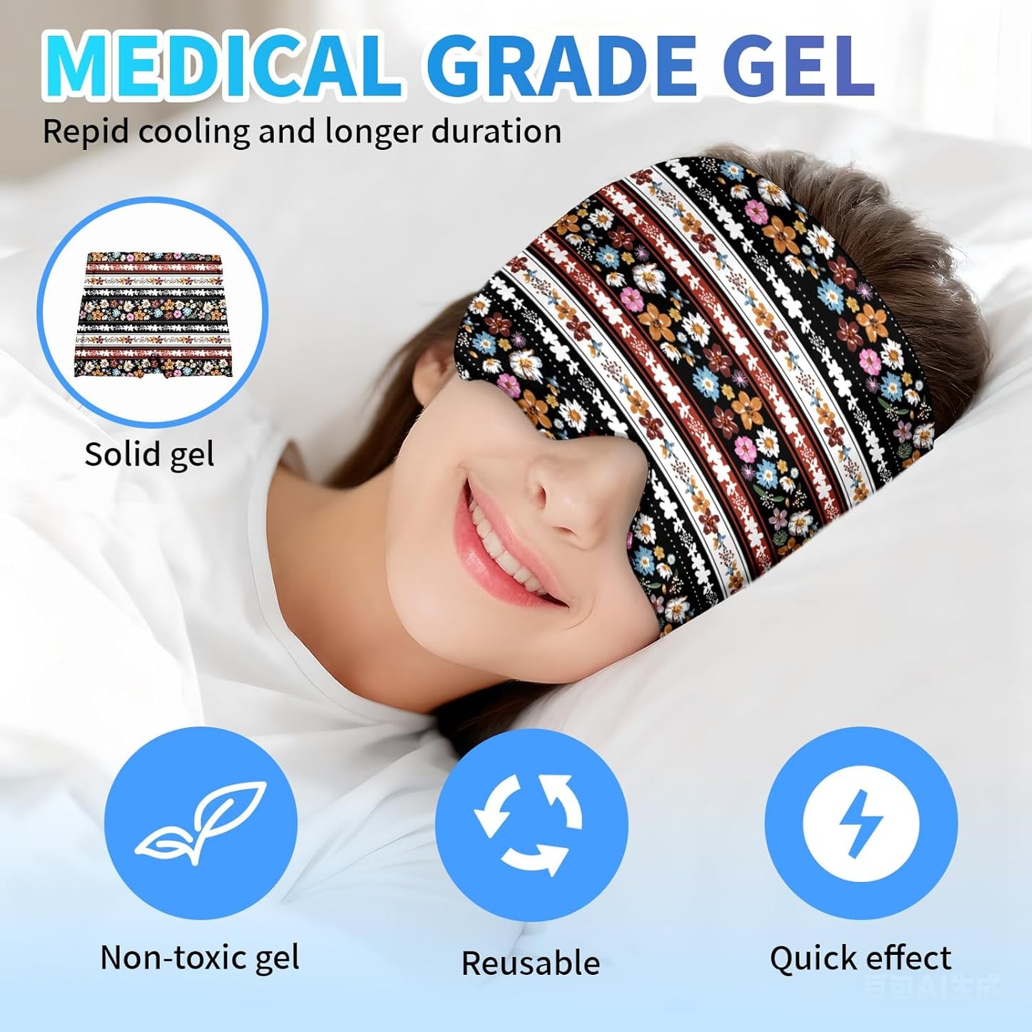 Migraine Relief Cap,Headache Relieve Cap,Black Flowers Reusable Gel Ice Head Wrap Cap for Tension,Stress,Hangover & Puffy Eyes.