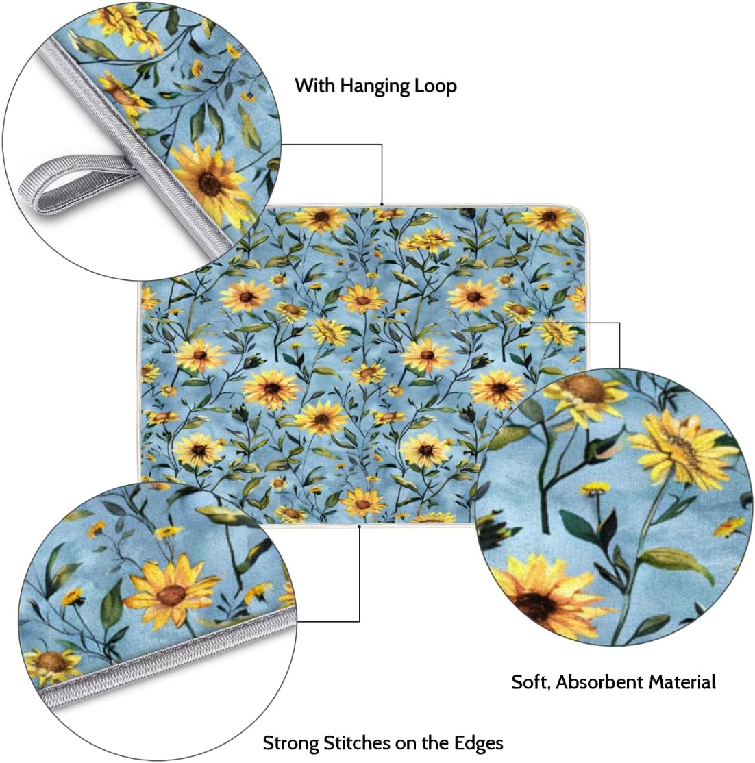 Hexteria Sunflower Large Dish Drying Mats for Kitchen Counter, Quick Dry Dish Mat 18 x 24 Inches, Dishes Draining Mats Foldable Dish Rack Pad, Sunflower