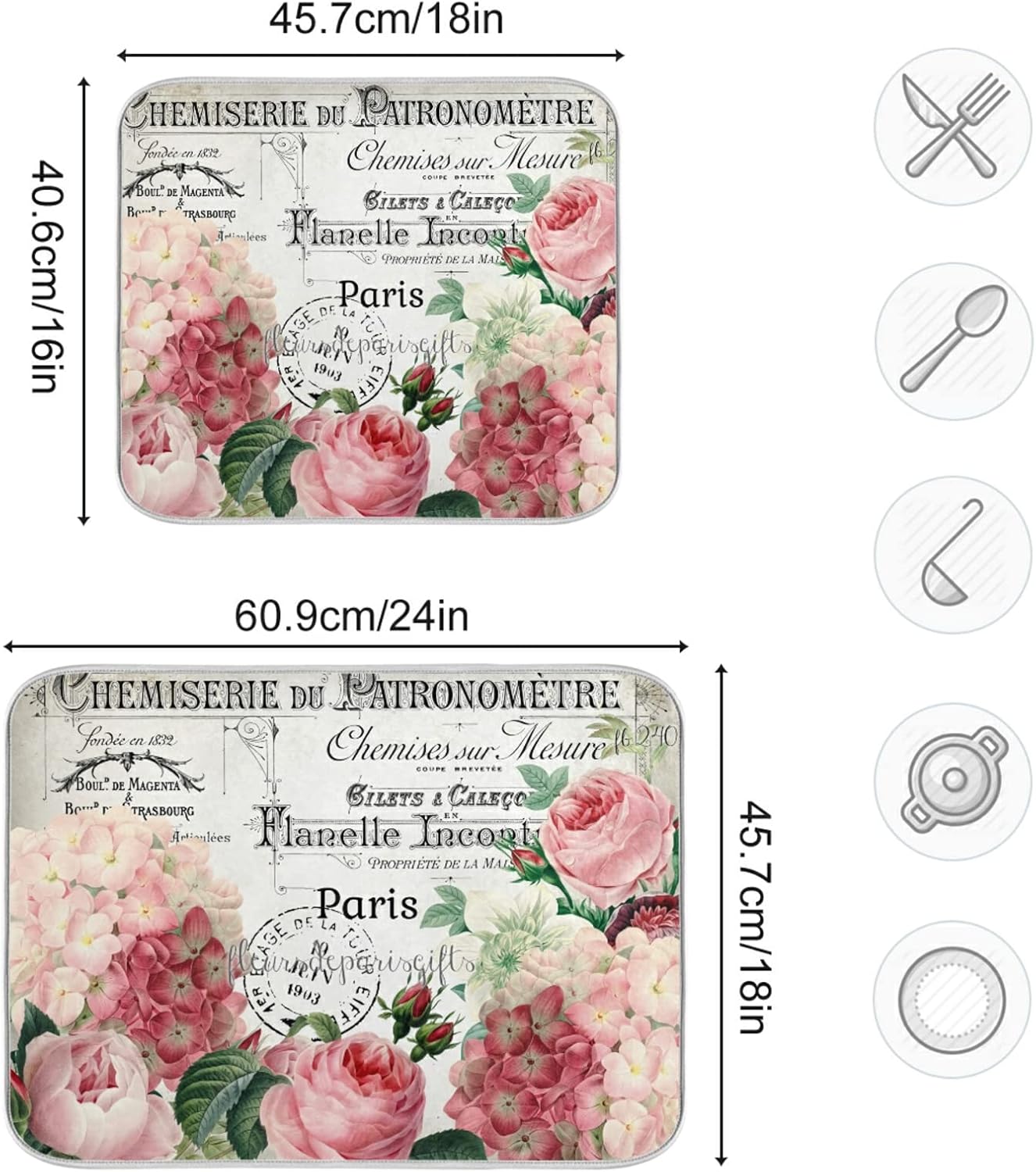 Vintage Pink Rose Flower Dish Drying Mats for Kitchen Drying Mat 16 x 18 Inch Absorbent Microfiber Drying Dish Mat Machine Washable Dish Rack Pad Dish Drainer Mat