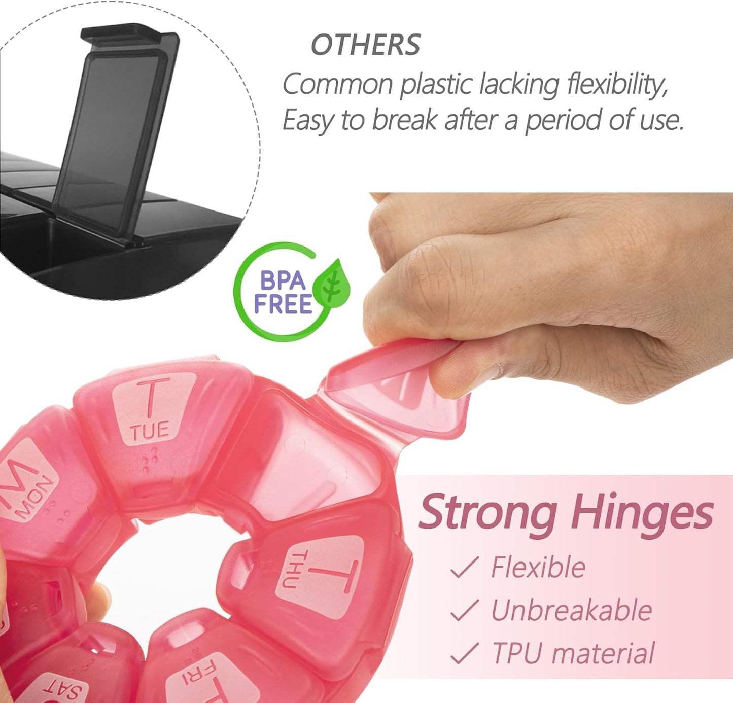 Round Weekly Pill Organizer, TPU Rubberized, Travel Pill Container 7 Day, with 7 Large Compartments, Great for Daily Vitamins & Supplements, Cute Pill Case with Large Letters and Braille (2 pcs)