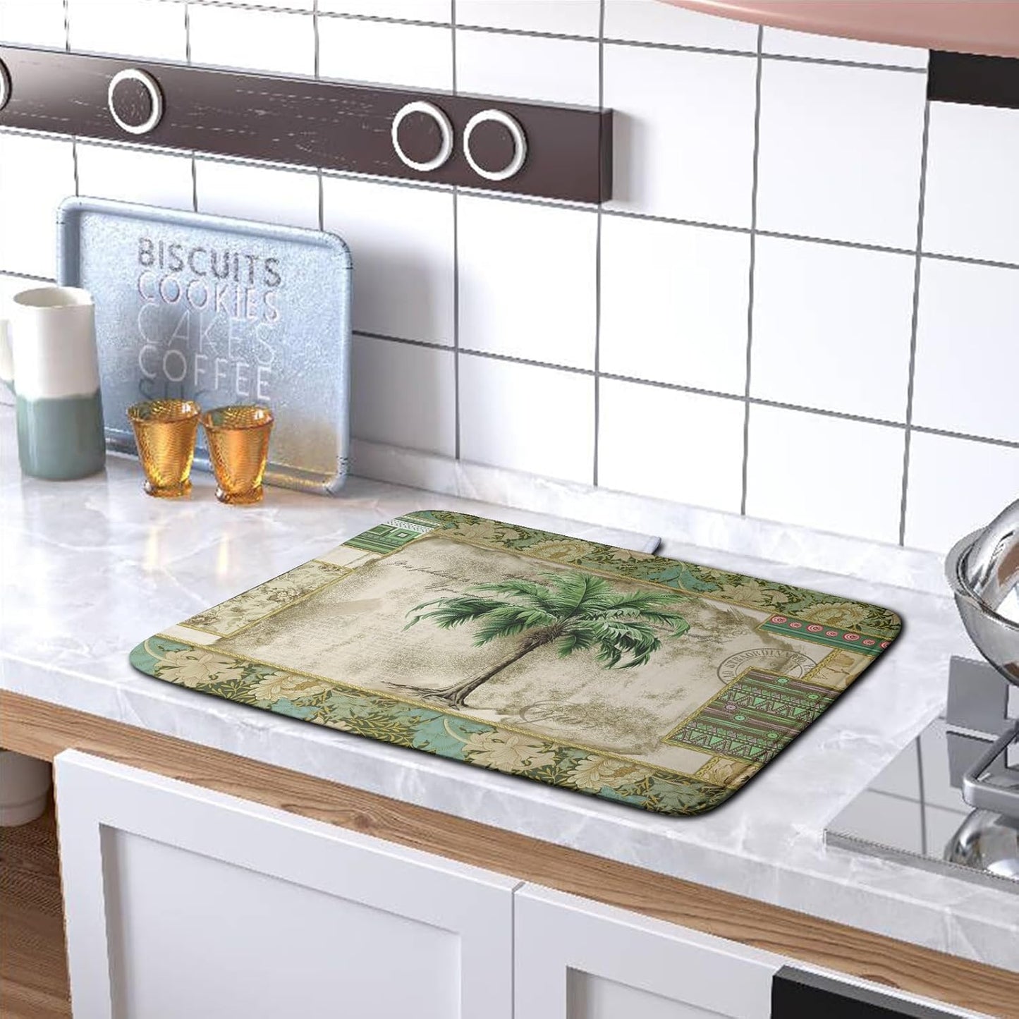 Palm Tree Kitchen Dish Drying Mat for Dishes 16x18 Inch Summer Vintage Tropical Leaves Green Jungle Plant Drying Mat Botanical Dish Drainer Mat Super Absorbent Dish Rack Pad for Coffee Bar Sinks