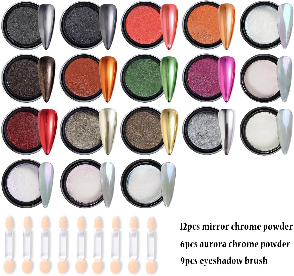 Chrome Nail Glitter Powder Set, 18 Colors Silver Black Red Green Metallic Effect Mirror Powder for Nails with Brushes, Pearl White Chrome Powder for Nails, Glazed Donut Nail Art, Manicure Supplies