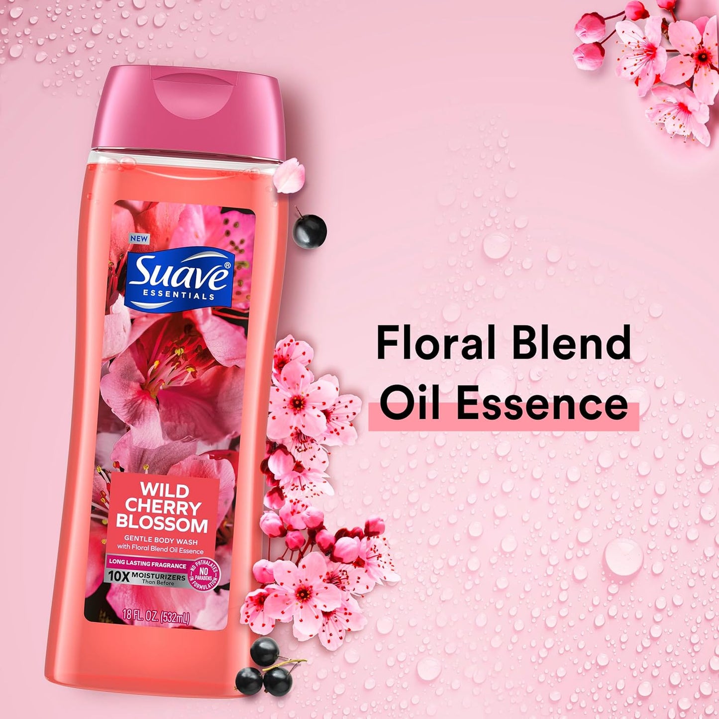 Suave Moisturizing Body Wash, with Wild Cherry Blossom and Vitamin E Extract, No Parabens, No Phtahaltes, 18 Oz Pack of 6