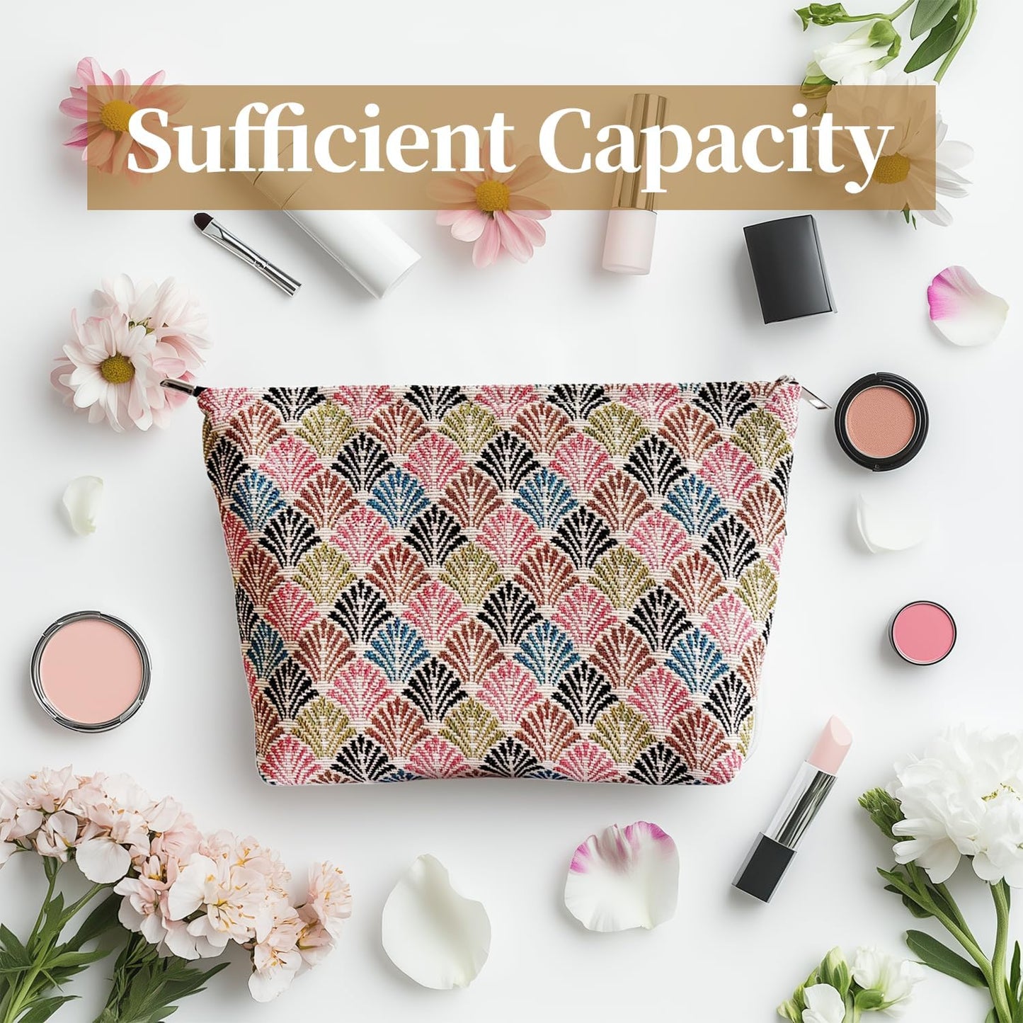 Diamond-Shaped Makeup Bag for Women,Travel Make up Bag with Zipper Lining, Canvas Makeup Pouch for Purse, Cosmetic Pouch for Toiletry, Cosmetic, Sunscreen, Hygiene, Skincare, SPF, Medicine, Sunblock