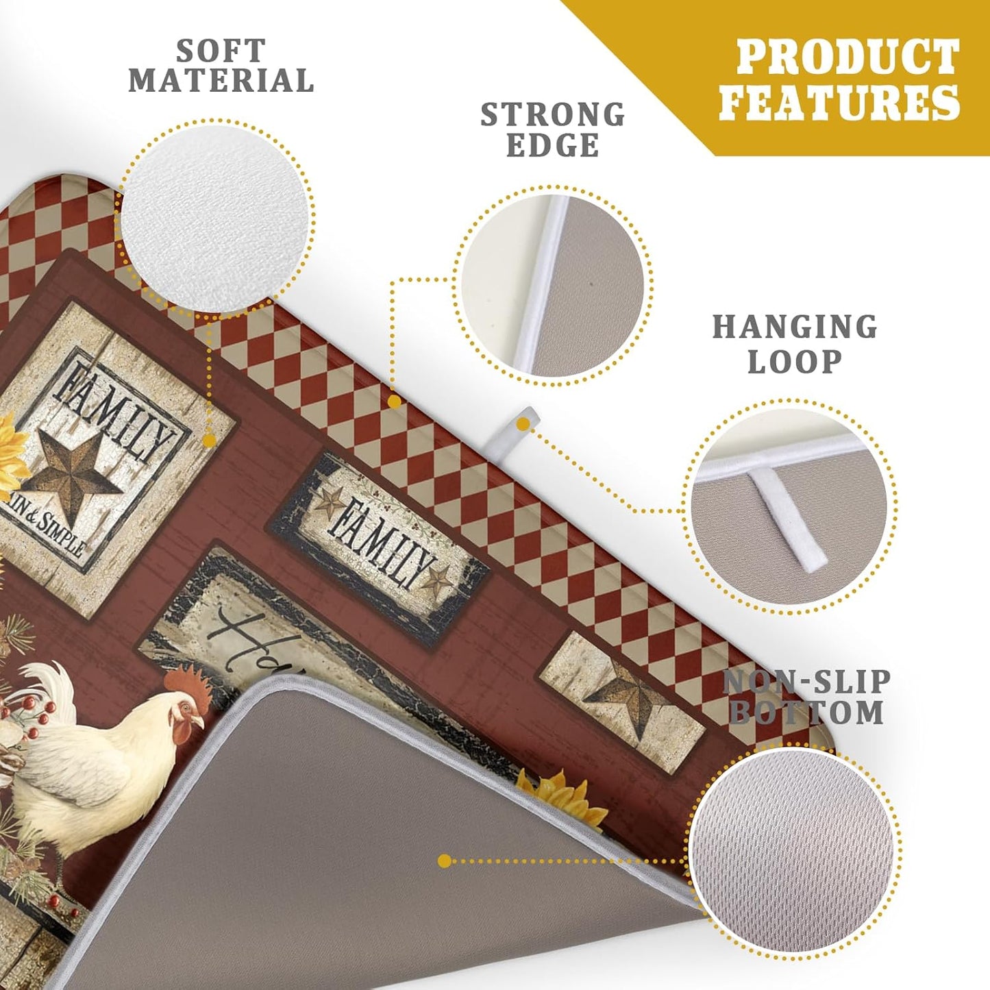 Vintage Rooster Dish Drying Mat 18x24 Inch Farmhouse Chicken Dish Drainer Pad Microfiber Absorbent Fast Dry Kitchen Counter Accessories