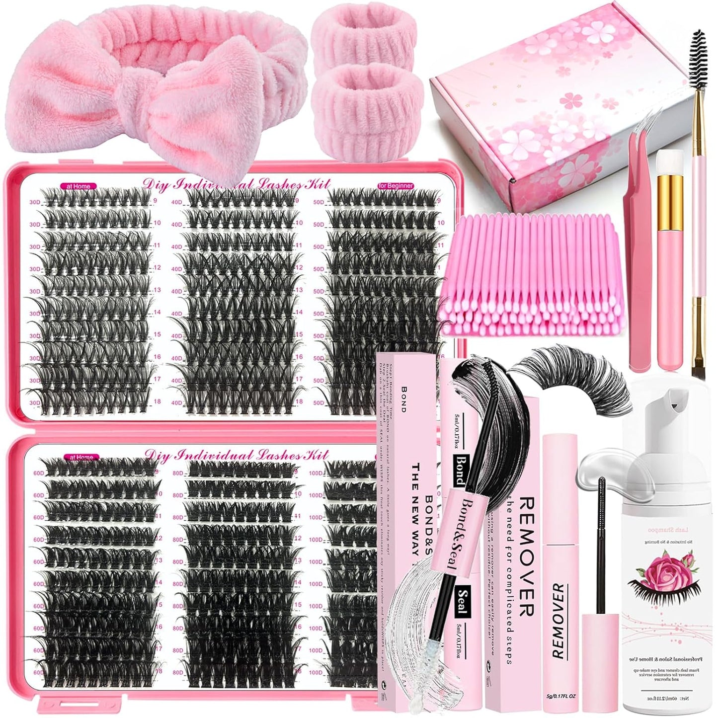 DIY Lash Extension Kit 590Pcs 9-18mm D Curl Lashes Clusters with Lash Bond and Seal Glue Remover Lash Shampoo Cleansing Brush Headband Wristband Tweezers Eyelash Brush Applicator