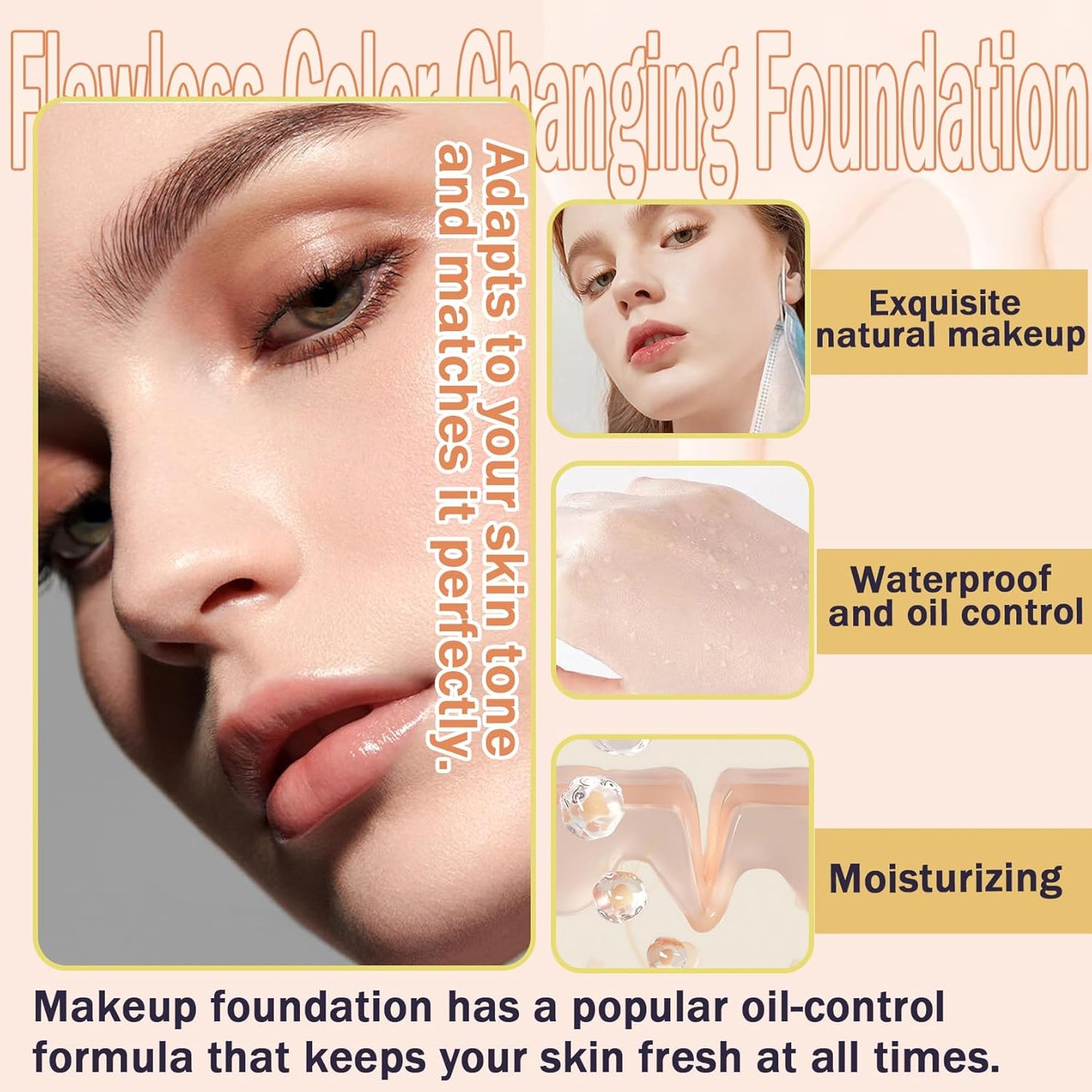 Color Changing & Natural Foundation with 2 Makeup Sponges, Moisturizing Full Coverage Liquid Foundation, Non-greasy Long Lasting Flawless Concealer Cream Makeup Set