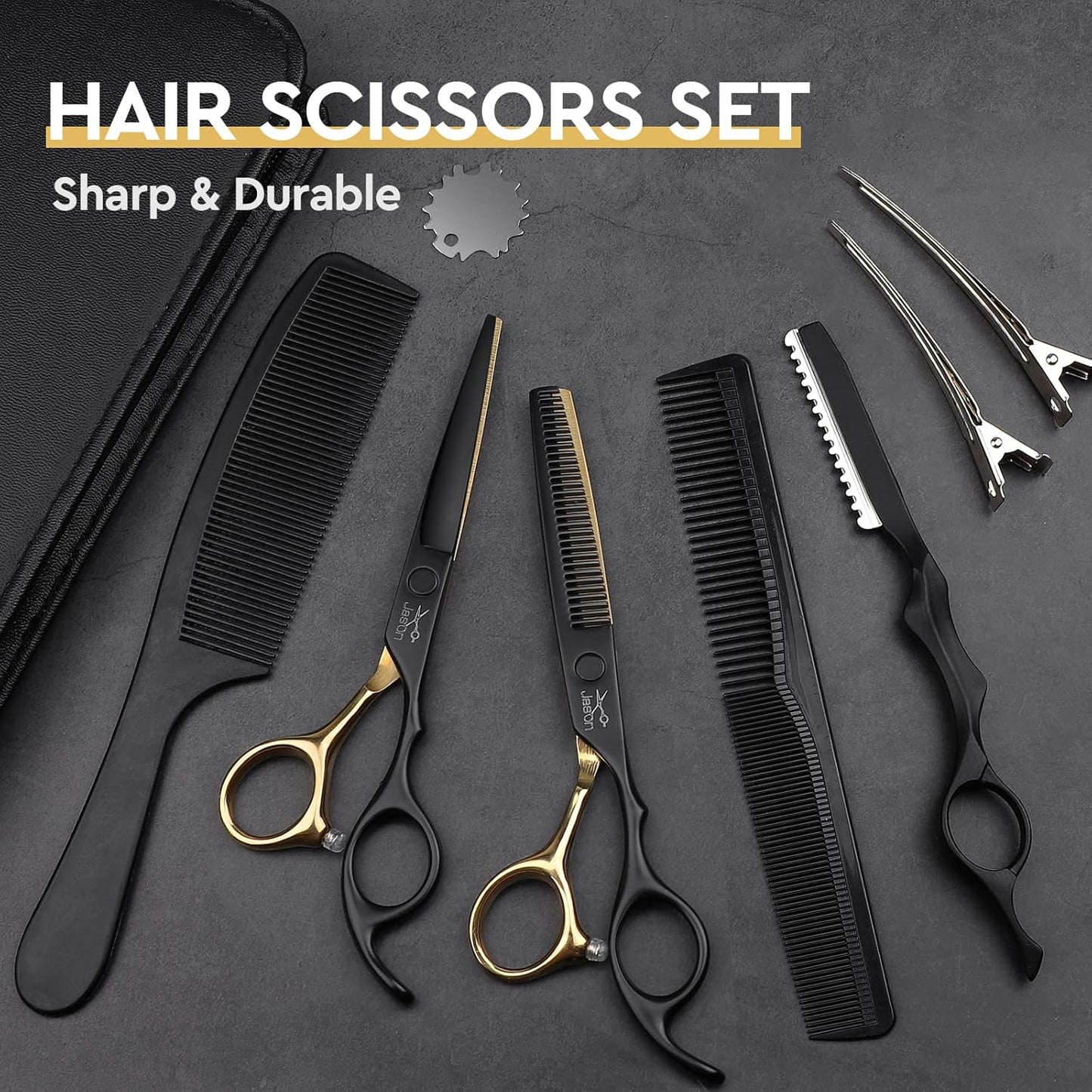 JASON Professional 10-Piece Haircut Scissors Set - 6.5" Thinning/Texturizing Scissors, Straight Shears for Men, Women & Home Salon (30 Teeth, Black & Gold)