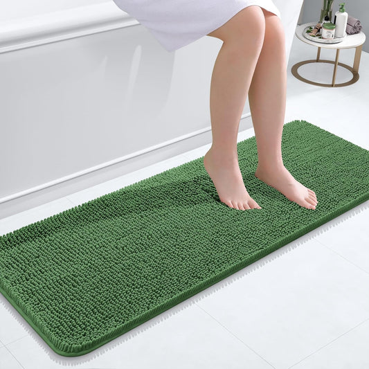 OLANLY Bathroom Rugs 47x17, Extra Soft Absorbent Chenille Bath Rugs, Rubber Backing Quick Dry, Machine Washable Bath Mats for Bathroom Floor, Tub and Shower, Home Decor Accessories, Olive Green