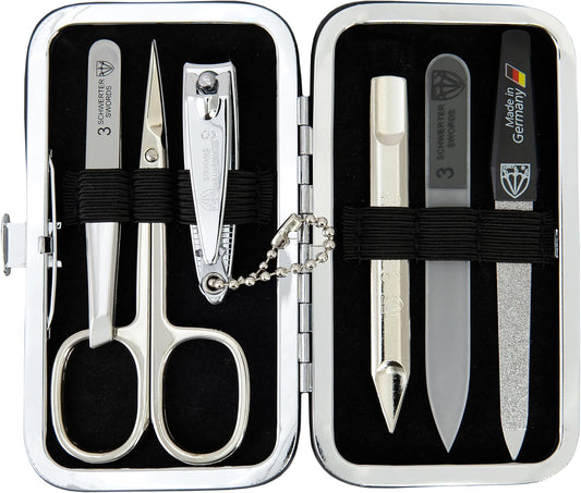 3 Swords Germany - Brand Quality 6 Piece Manicure Pedicure Grooming kit Set - Scissors, Metal and Glass Nail File, Clipper, Tweezers with Synthetic Leather case - Snake