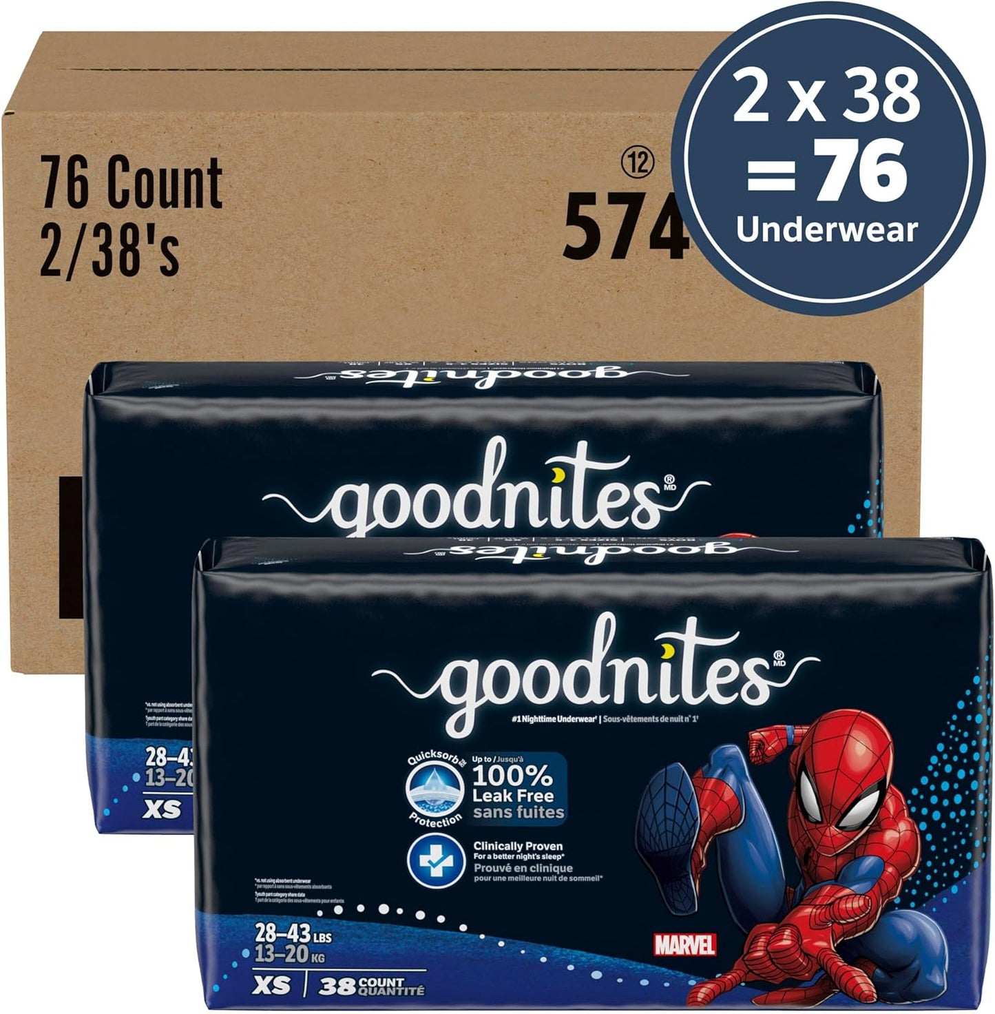 Goodnites Boys' Nighttime Bedwetting Underwear, Size Extra Small (28-43 lbs), 76 Ct (2 Packs of 38), Packaging May Vary