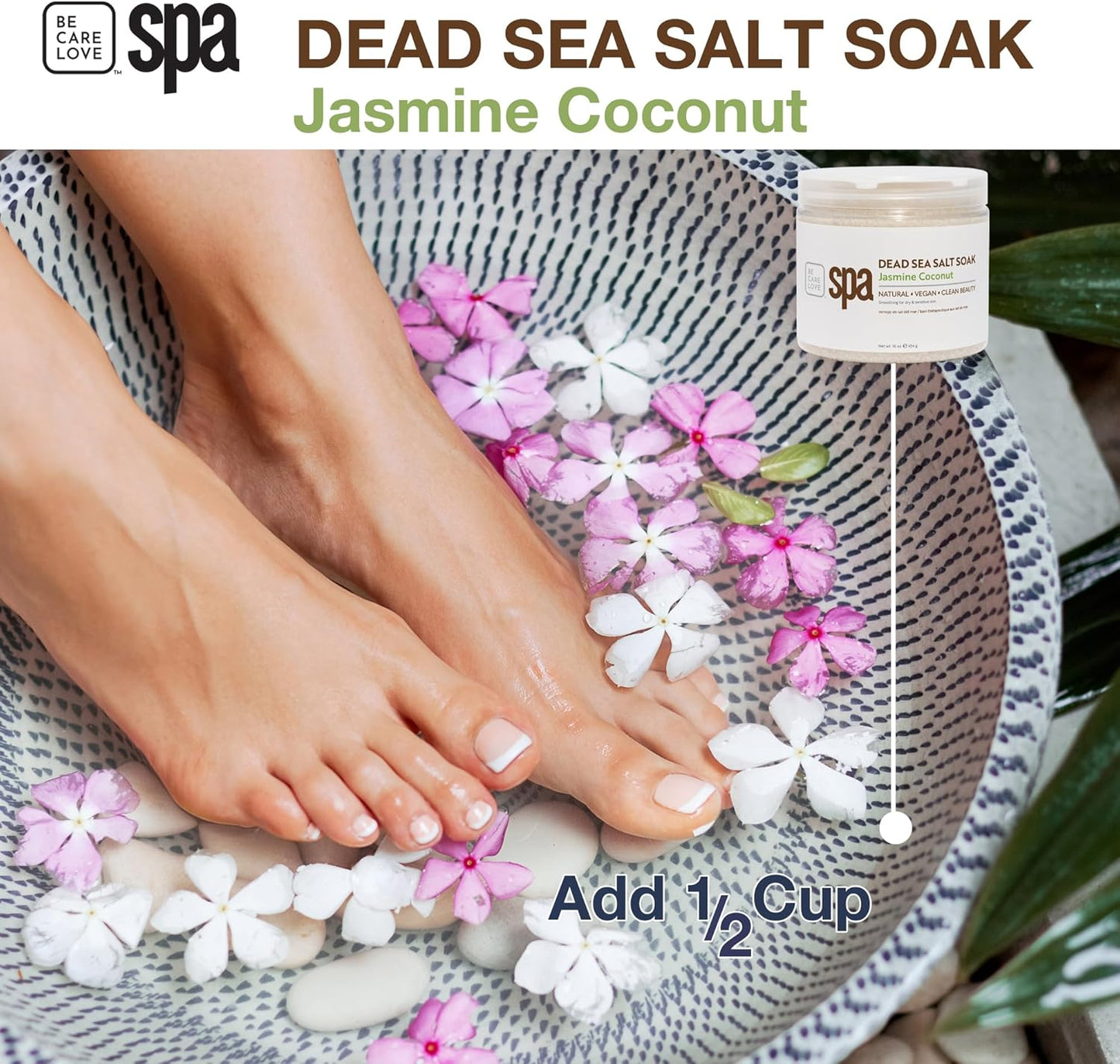 BCL SPA Dead Sea Salt Soak - Bath Salt with Organic Jasmine + Coconut, Shae Butter, Arnica, Aloe Vera Juice, Chamomile, Argan Oil & Jojoba Oil Skin Exfoliator - Home/Professional Use 16 fl oz