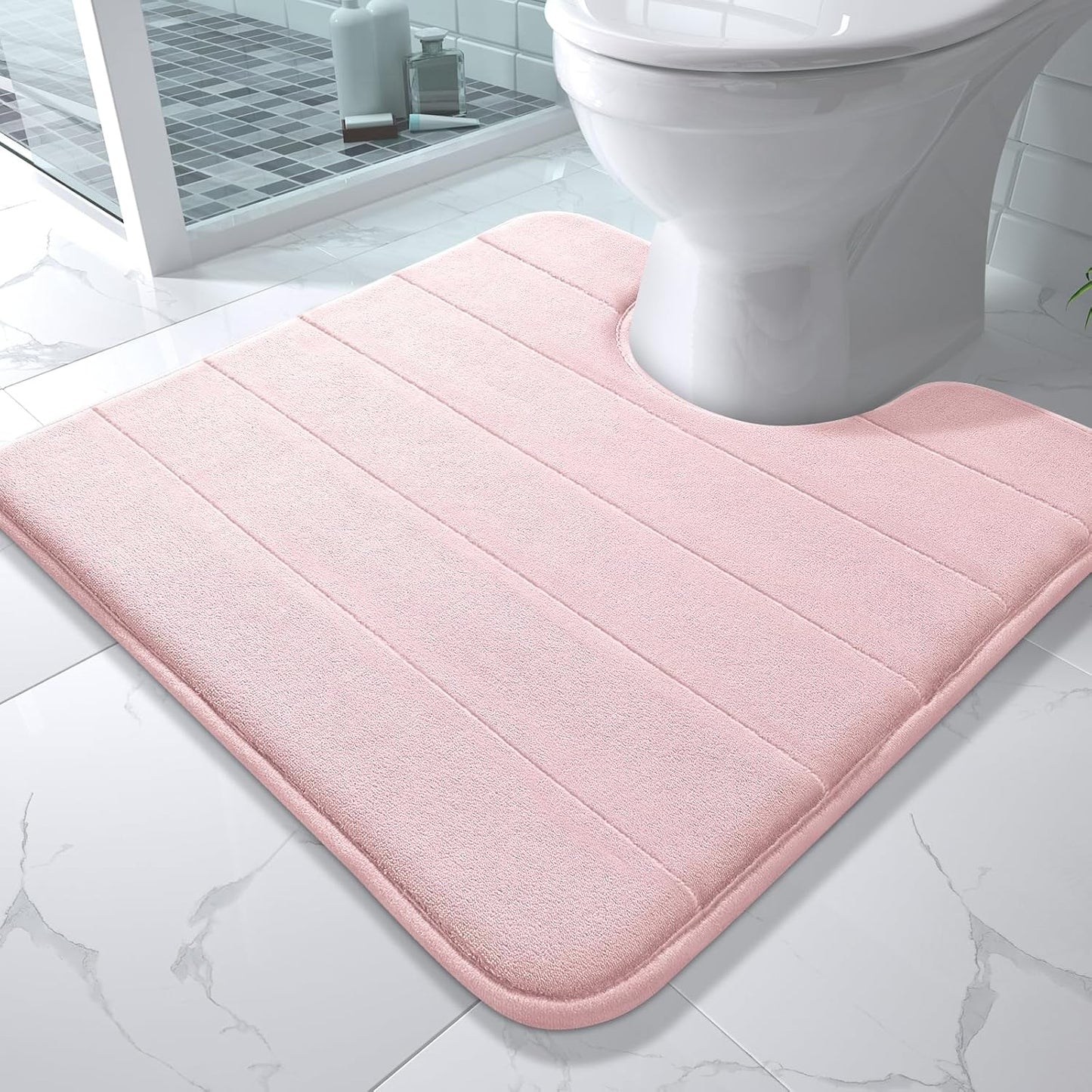 Yimobra Memory Foam Toilet Bath Mat U-Shaped, Soft and Comfortable, Super Water Absorption, Non-Slip, Thick, Machine Wash and Easier to Dry for Bathroom Commode Contour Rug, 24 X 24 Inches, Pink