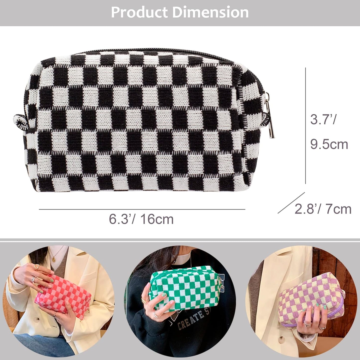 PAZIMIIK Checkered Makeup Bag for Purse Portable Zipper Make Up Pouch Small Cosmetic Case for Travel Accessories (2PCS Black)