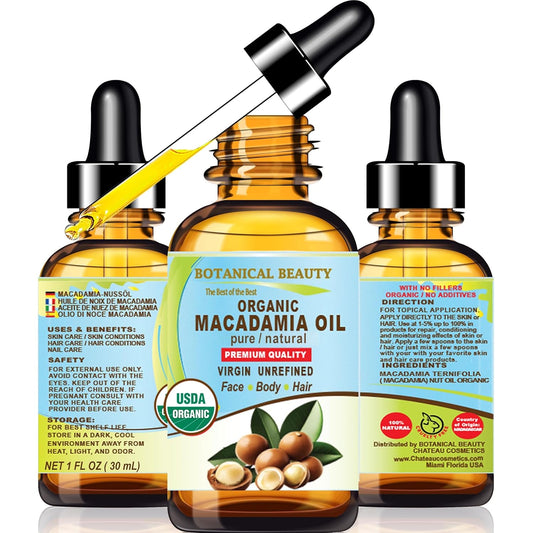 Botanical Beauty Organic MACADAMIA OIL 100% Pure Natural VIRGIN UNREFINED Cold-Pressed Carrier Oil for Face, Skin, Body, Hair, Lip, Nails. Rich in Vitamin E (1 Fl Oz)