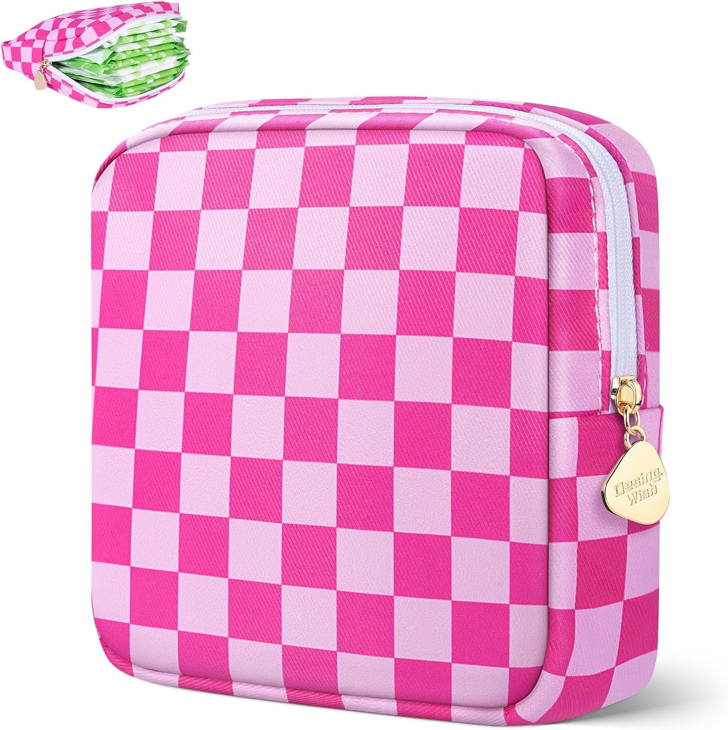 Desing Wish Period Bag Pouch Soft Cloth Sanitary Napkin Storage Bag Portable Menstrual Pad Pouches Tampon Holder for Purse First Period Kit for Girls 9-12 (Rose-Pink Check)