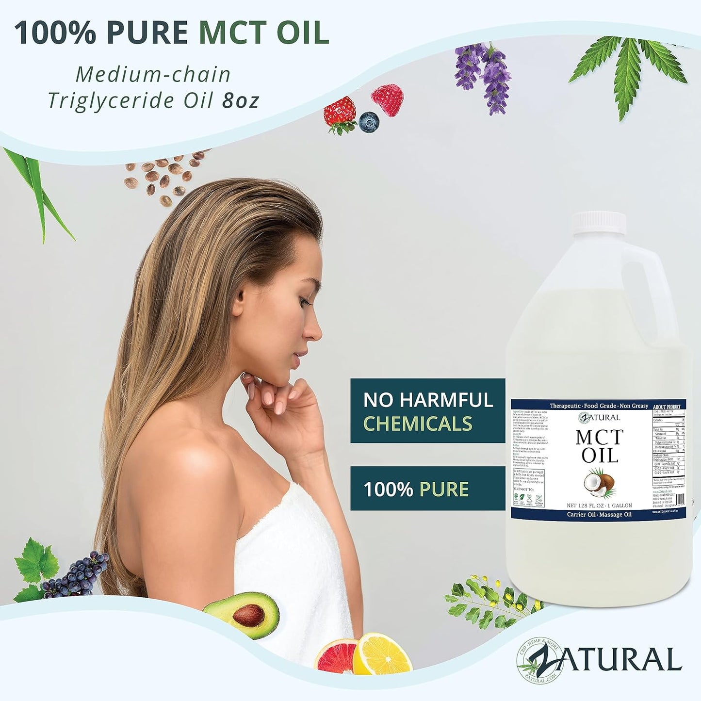 MCT Oil, Certified Food and Therapeutic Grade, Carrier Oil, Massage Oil, Hydrating Oil, Hair Oil, 0 Additives, Pure MCT Oil (128 Ounce (1Gallon))