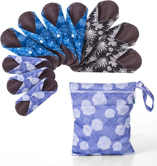 Teamoy 10pcs Cloth Panty Liners, Reusable Sanitary Pads with Wet Bag, Washable Cloth Menstrual Pads with Charcoal Absorbency Layers (Plant Styles, 3pcsx7.9 Purple+4pcsx10 Blue+3pcsx11.6 Brown)