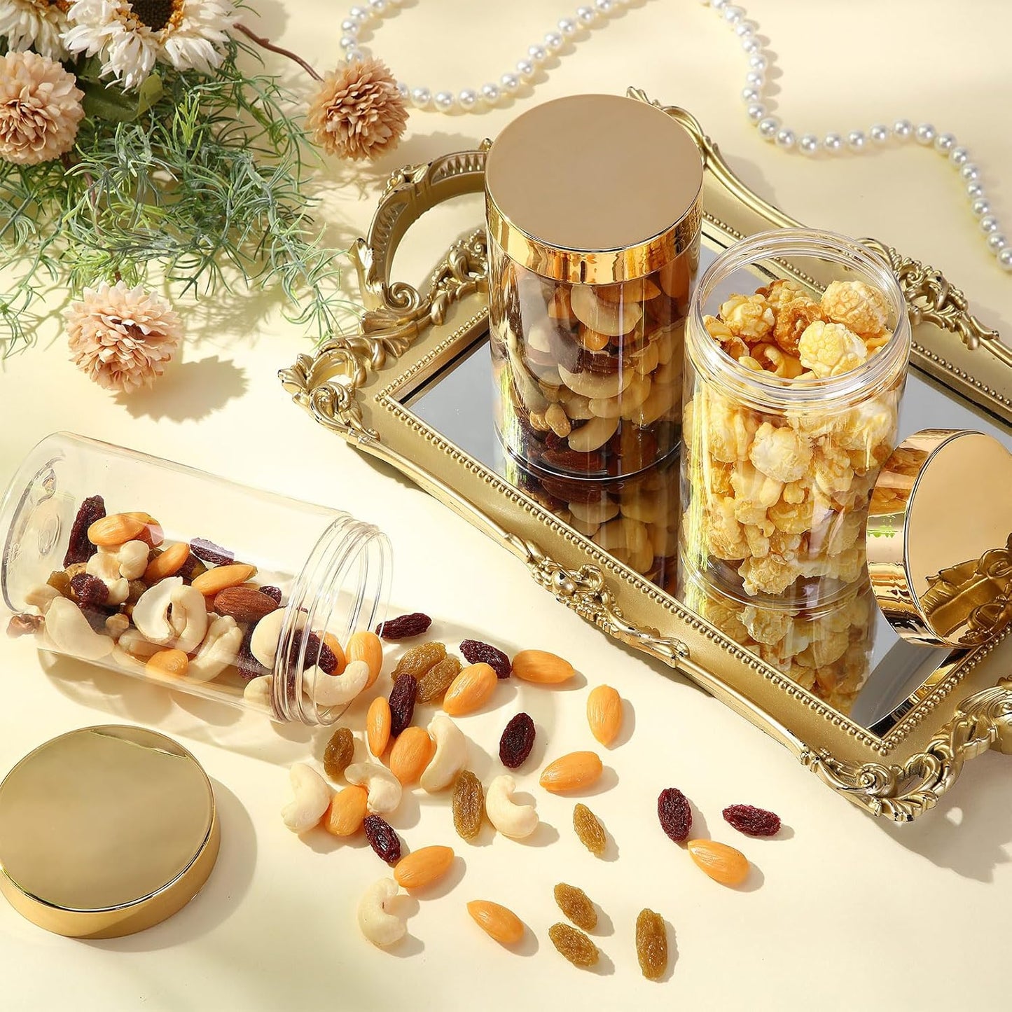 SATINIOR 24 Pieces Empty Clear Plastic Jars with Lids Round Storage Containers Wide Mouth for Beauty Product Cosmetic Cream Lotion Liquid Butter Craft and Food(Gold Lid,12 oz)