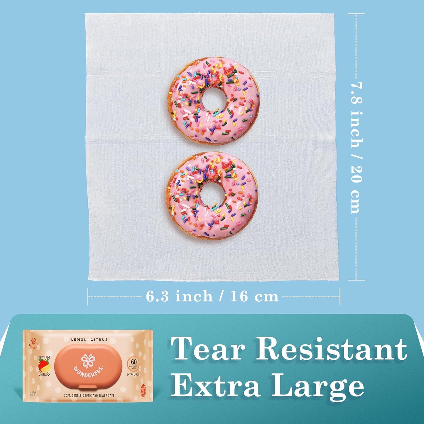 WONDERFUL Flushable Butt Wipes, Lemon Citrus 100% Plant-Based Wet Wipes for Adults & Kids; Sewer, Septic Safe; Gentle for Sensitive Skin, Wipes Flushable Pack for Bathroom & Travel, 1-Pack (60 Wipes)