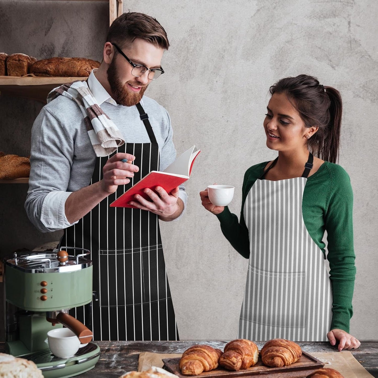 Britimes 2 Pack Aprons, Stripe Durable Adjustable Bib Aprons with 2 Pockets for Women Men Couple Lovers Chef Home Kitchen Cooking Baking Gardening Black Grey Stripes Apron 32x28 Inches