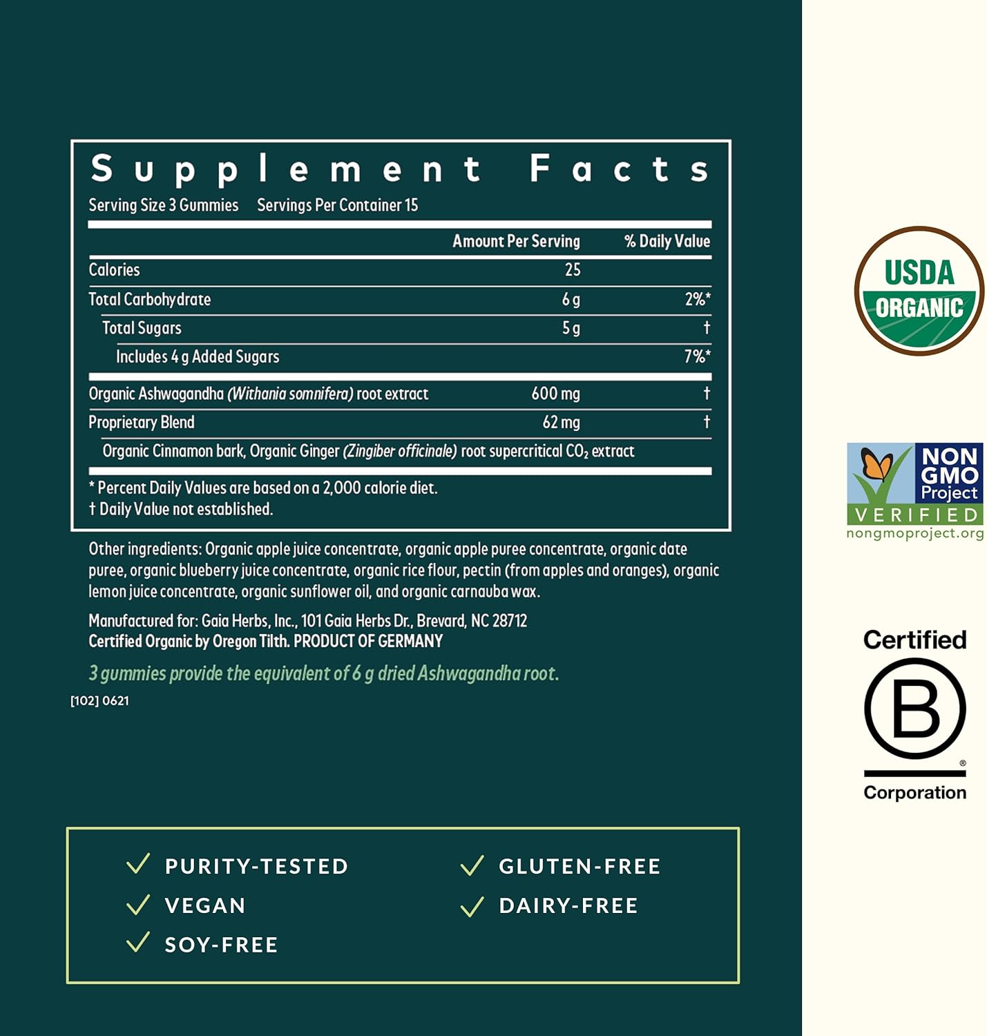 Gaia Herbs Organic Ashwagandha Gummies, Stress Support, Cinnamon, Ginger, Gluten Free, Vegan, 45 Count