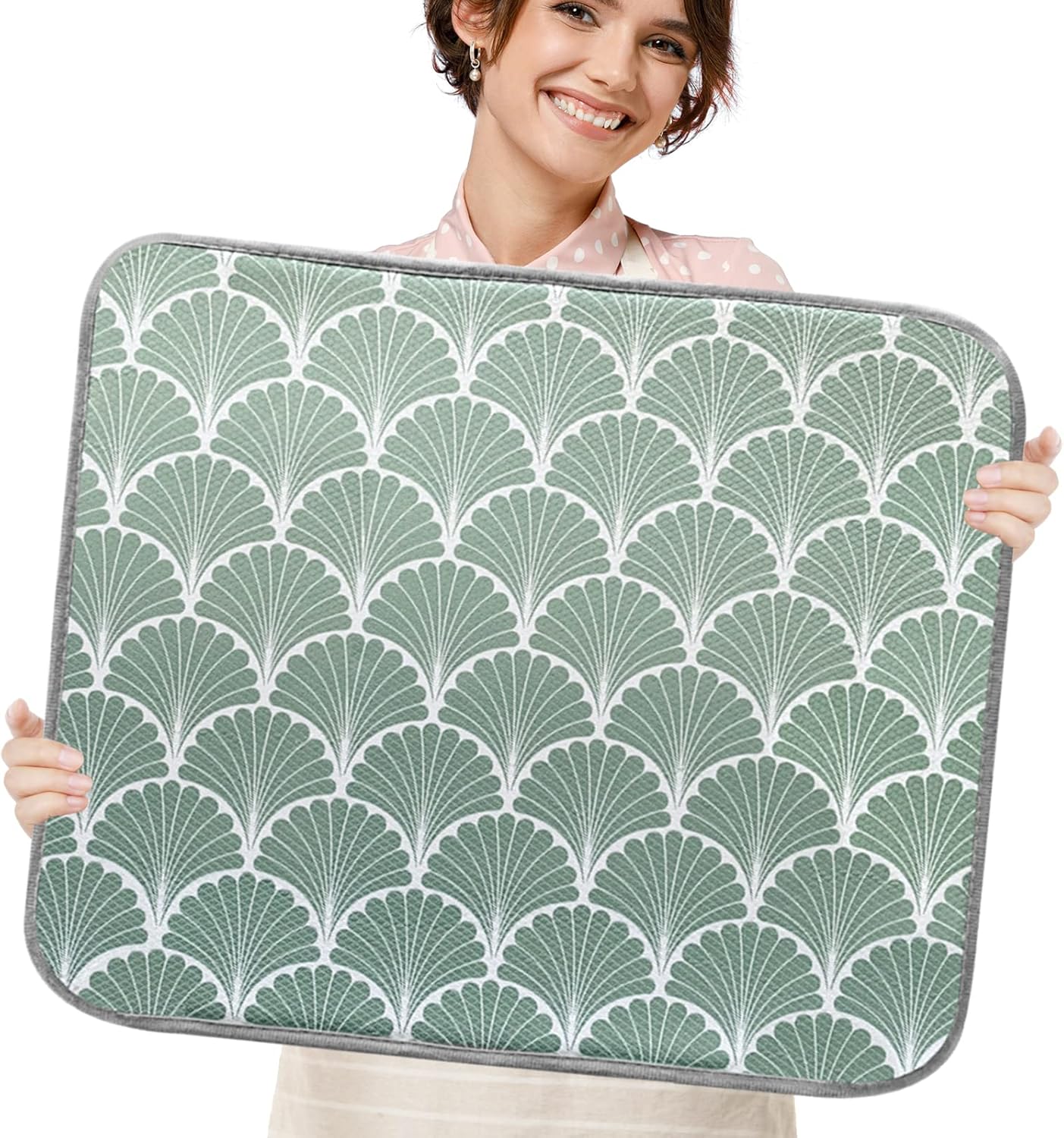 SHIYUE Dish Drying Mat for Kitchen Counter Super Absorbent Spring Kitchen Decor Microfiber Drying Matainers Rack Fast Pad Dish Drainer Mats(Green Shell Geometric,18''x24'')