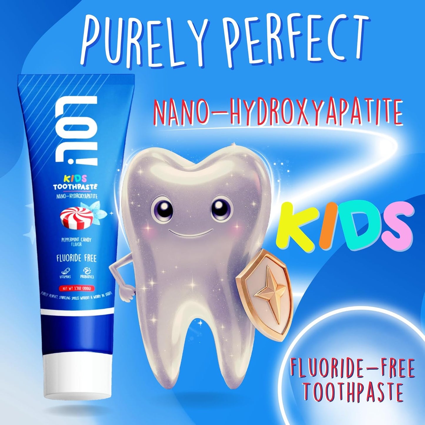 LOL Kid Toothpaste Fluoride Free, Nano Hydroxyapatite Toothpaste Kids, Probiotics & Xylitol Tooth Paste Kids | Remineralizing | Natural | Plant-Based Foam | Pasta De Dientes para Niños (Peppermint)