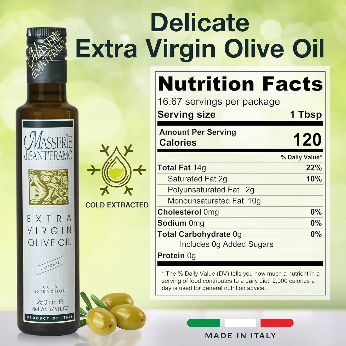 Delicate Italian Extra Virgin Olive Oil Cold Pressed - Light Olive Oil for Cooking and Frying, Imported from Italy - Masserie di Sant'Eramo - 8.45 Fl Oz (Pack 1)