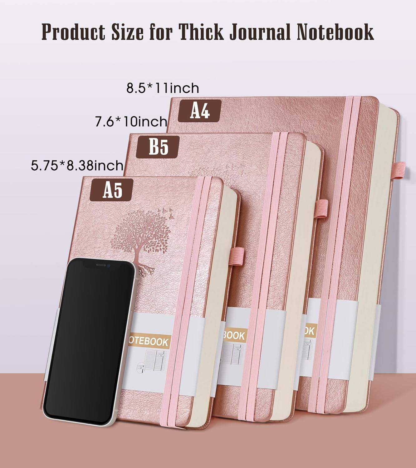 Lined Journal Notebook -365 Pages A5 Thick Journals for Writing Ruled Notebook, Pink Hardcover Leather Journals for Women Men, Daily Journal Notebook for Work, Note Taking ( 5.75'' X 8.38'' Rose Gold)